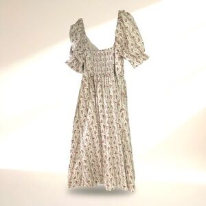 Hill House Home Nesli Nap Dress XL Floral Stripe Smocked Puff Sleeve Midi Pink